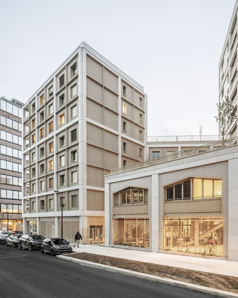 Neighborhood in Paris - Media Library and Family Flats, Student Residence, and Social Housing Units / La Architectures + Atelier Régis Roudil Architectes + Nicolas Hugoo Architecture - Exterior Photography, Glass