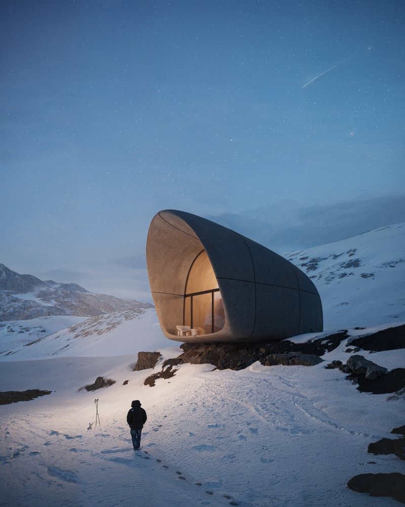 high-altitude cottage emerges like a rock from georgian mountains